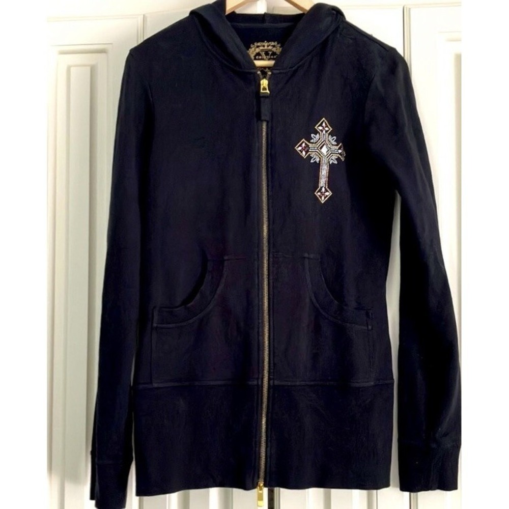 Cristina V Hooded Velour Full Zip Jeweled Embellished Sweater Jacket Size M